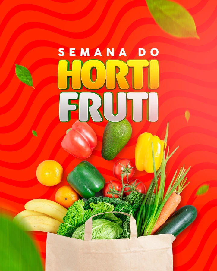 Campanha Semana do Hortifruti, com frutas e verduras em fundo laranja.