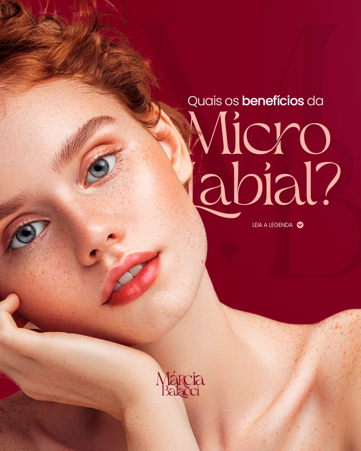 Arte de Márcia Balacci sobre os benefícios da micropigmentação labial, com retrato em fundo vinho.