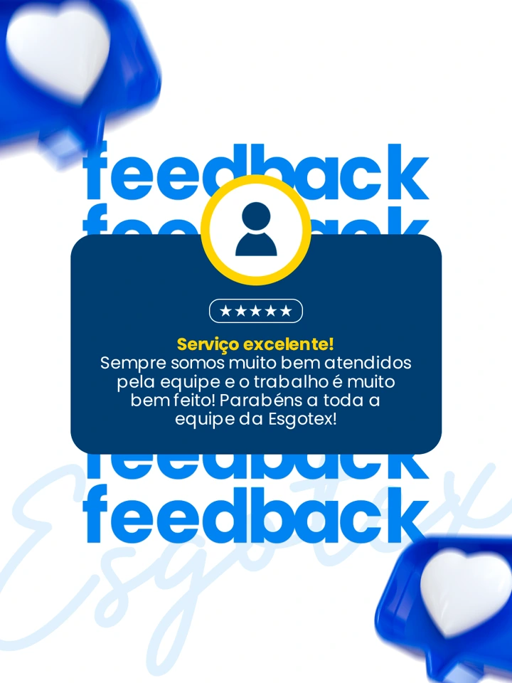 Depoimento de cliente da Esgotex com avaliação de cinco estrelas, em azul e branco.