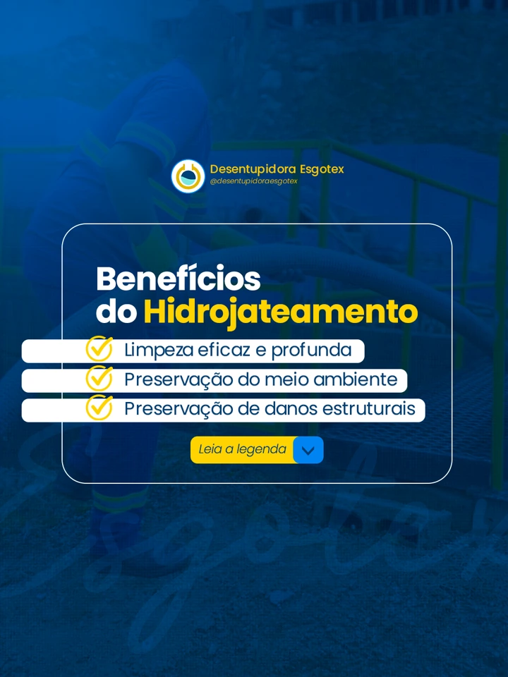 Arte da Esgotex sobre os benefícios do hidrojateamento, em azul e amarelo.