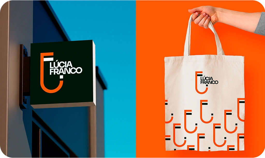 Identidade visual Lúcia Franco em uma fachada e ecobag, com monograma em laranja, preto e branco.