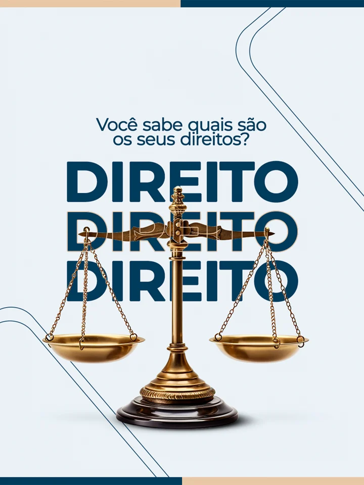 Arte sobre direitos, com balança dourada e tipografia azul.