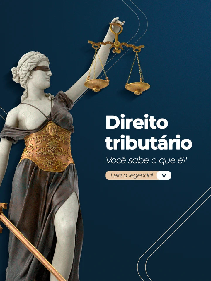 Arte de direito tributário com a estátua da Justiça.